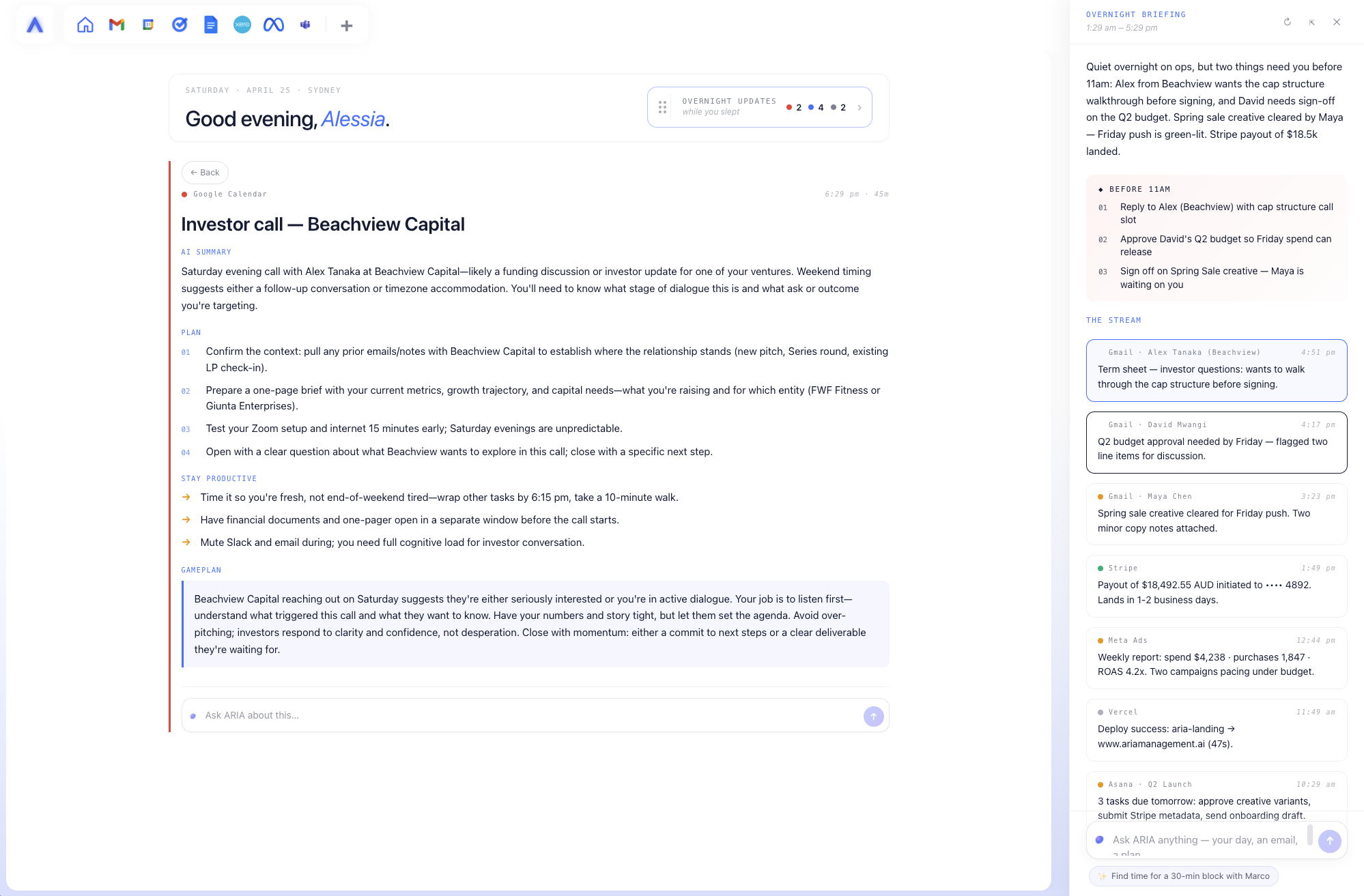 ARIA meeting brief — AI summary with overnight briefing sidebar